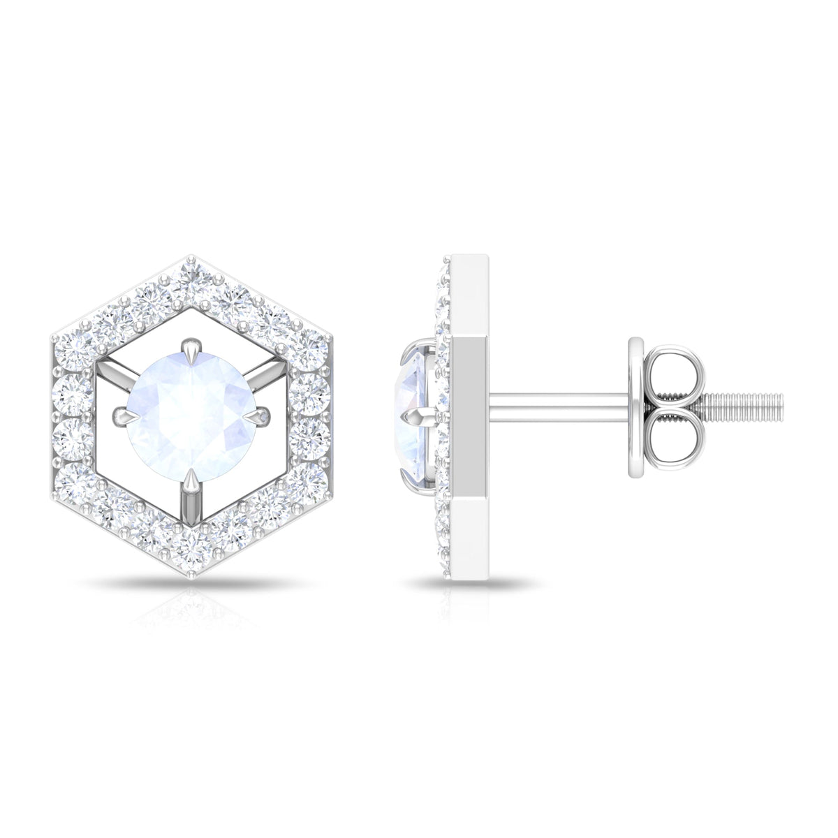 Minimal moonstone and diamond geometric stud earrings by Rosec Jewels featuring a sleek, modern design with sparkling accents.