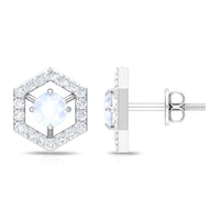 Minimal moonstone and diamond geometric stud earrings by Rosec Jewels featuring a sleek, modern design with sparkling accents.