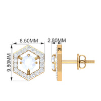 Minimal moonstone and diamond geometric stud earrings by Rosec Jewels, featuring elegant gemstone and metal design.