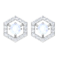 Minimal moonstone and diamond geometric stud earrings by Rosec Jewels featuring a 1-carat total weight, elegant and modern jewelry design.