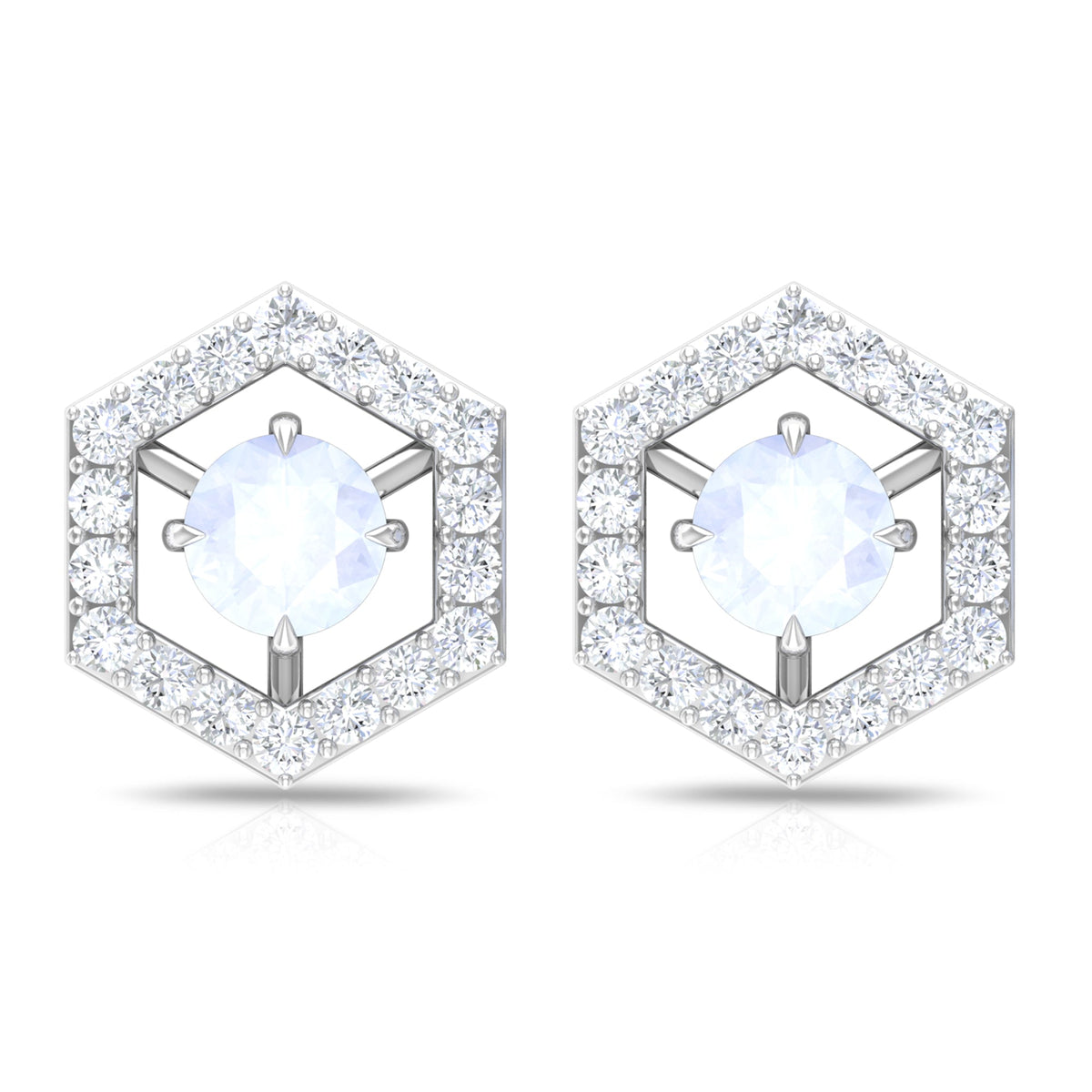 Minimal moonstone and diamond geometric stud earrings by Rosec Jewels featuring sleek, modern design with sparkling accents.