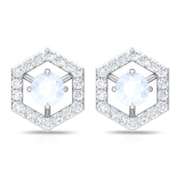Minimal moonstone and diamond geometric stud earrings by Rosec Jewels featuring sleek, modern design with sparkling accents.