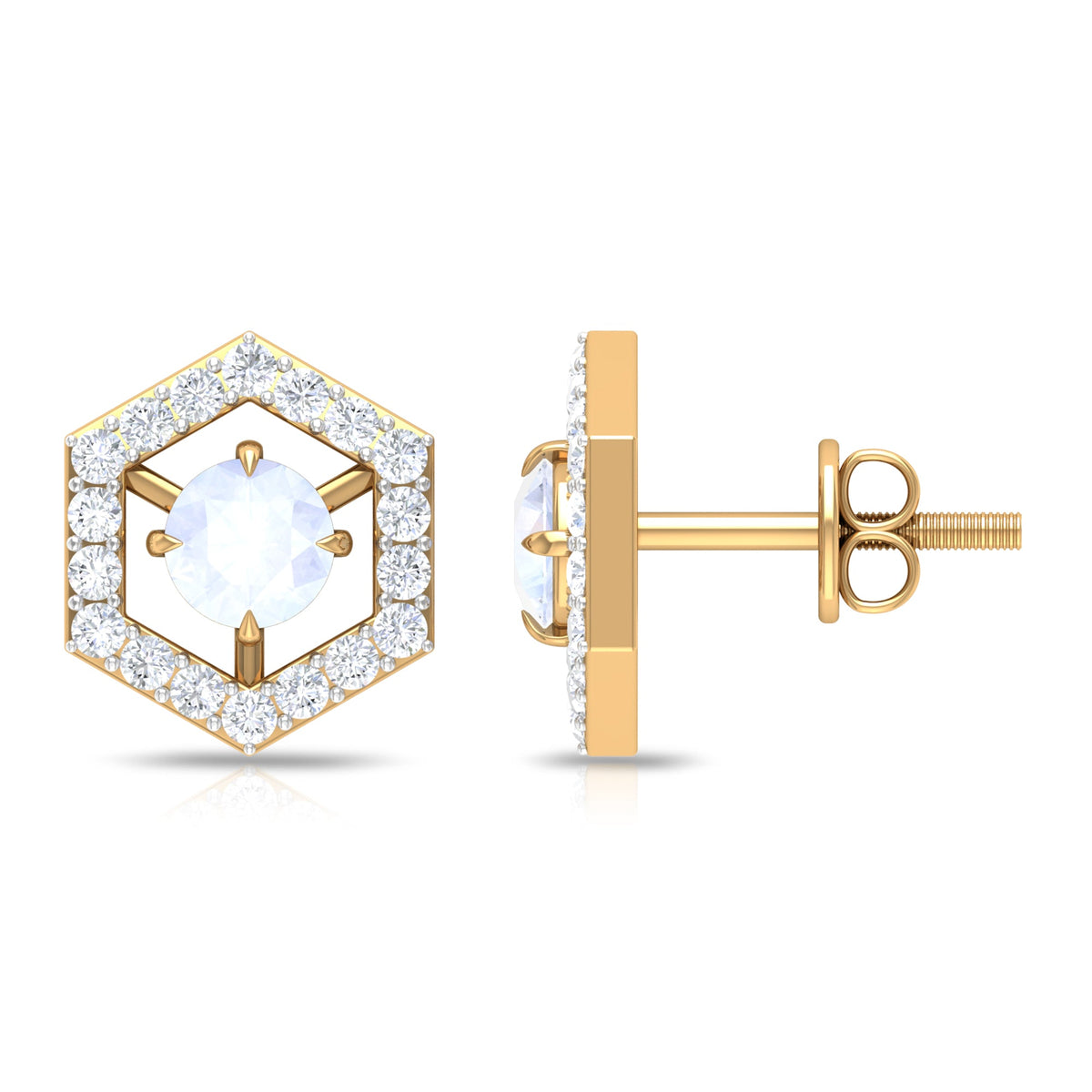 Minimal moonstone and diamond geometric stud earrings by Rosec Jewels featuring a sleek, modern design in 1 carat total weight.