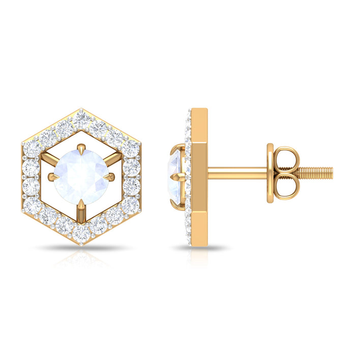 Minimal moonstone and diamond geometric stud earrings by Rosec Jewels featuring a sleek, modern design in 1 carat total weight.