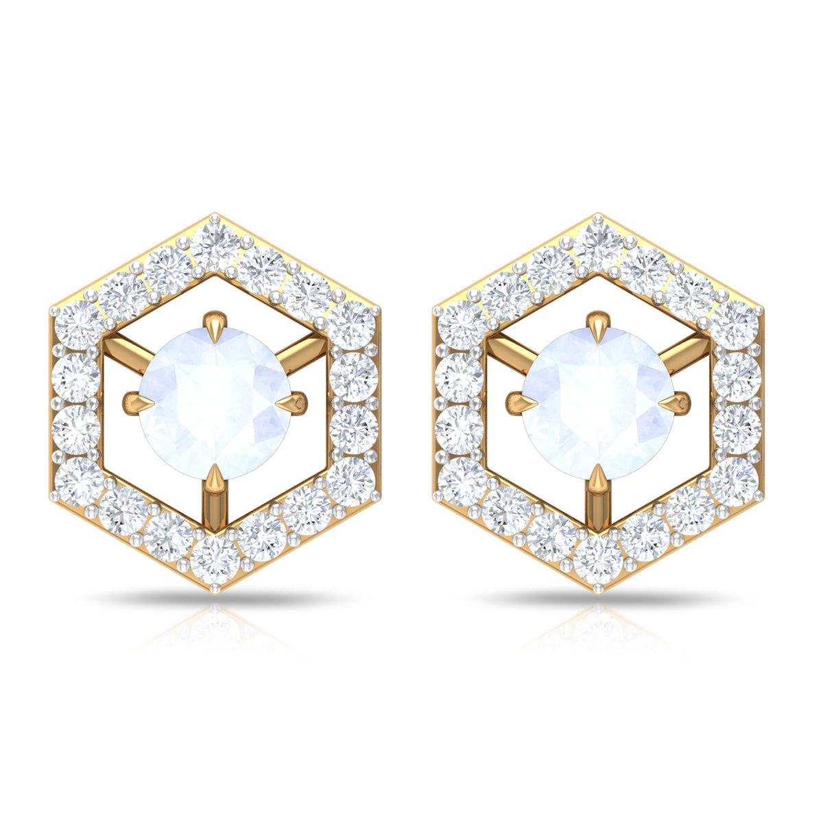 Minimal moonstone and diamond geometric stud earrings by Rosec Jewels featuring sleek, modern design and polished metal finish.