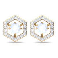 Minimal moonstone and diamond geometric stud earrings by Rosec Jewels featuring sleek, modern design and polished metal finish.