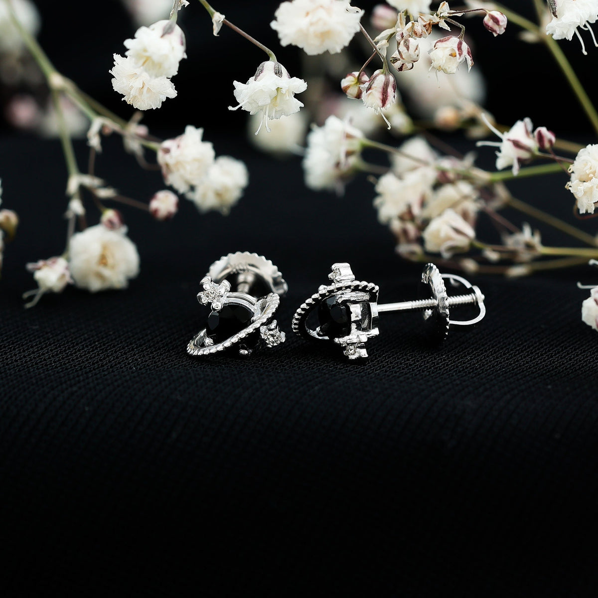 Black Spinel Celestial Stud Earrings with Diamond Stones