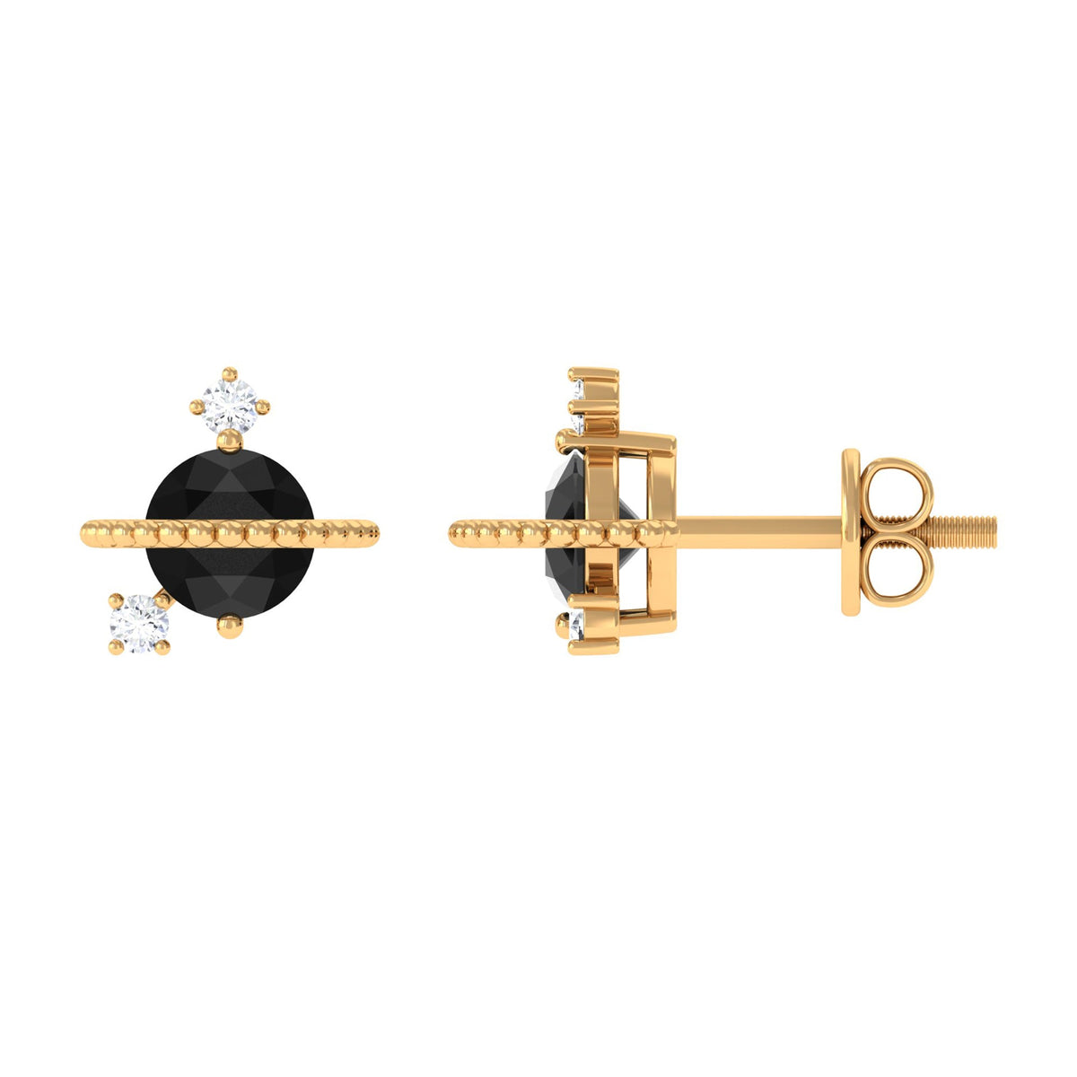 Black Spinel Celestial Stud Earrings with Diamond Stones
