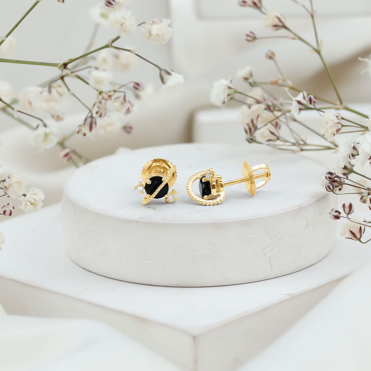 Black Spinel Celestial Stud Earrings with Diamond Stones