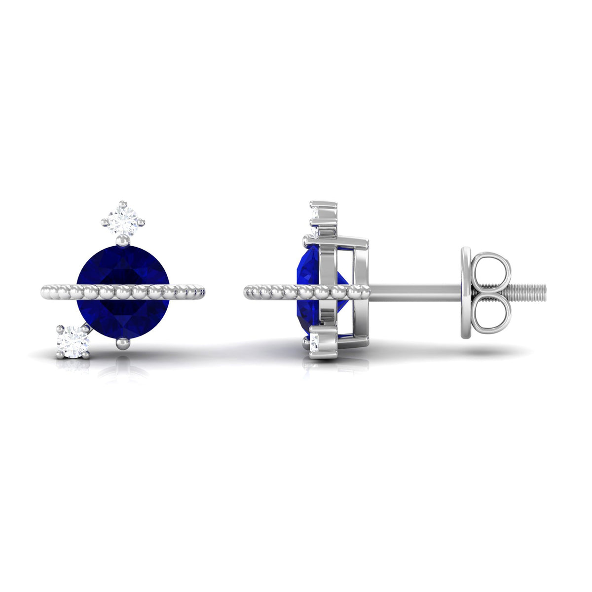 Natural 0.8 Carat Blue Sapphire and Diamond Contemporary Stud Earrings