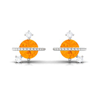 Fire Opal Contemporary Celestial Stud Earrings with Diamond