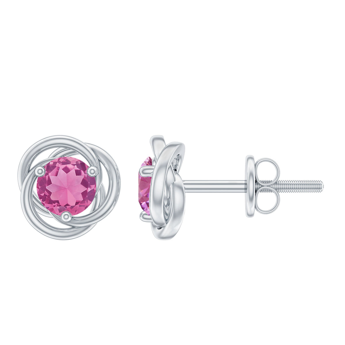 Rosec Jewels 0.9 Carat pink tourmaline swirl stud earrings with solitaire design, featuring vibrant pink gemstones and elegant craftsmanship.