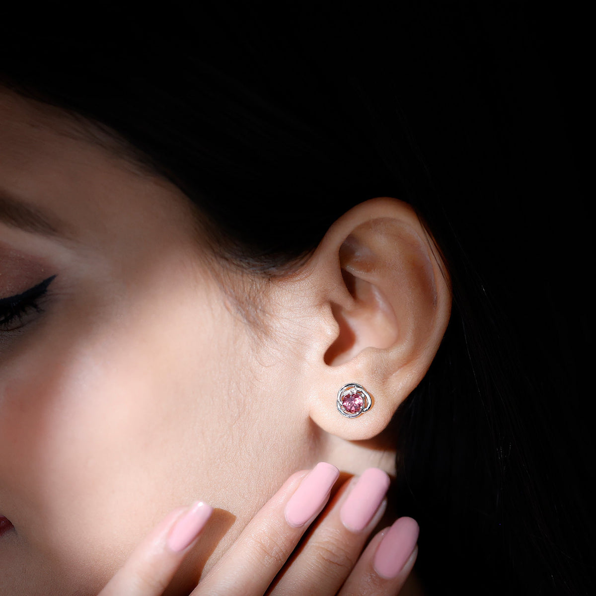 Rosec Jewels 0.9 Carat pink tourmaline solitaire swirl stud earrings, elegant jewelry with vibrant gemstone design.