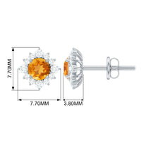 Rosec Jewels 1 CT Classic Citrine stud earrings with diamond halo, featuring vibrant orange citrine gemstones and sparkling diamond accents.