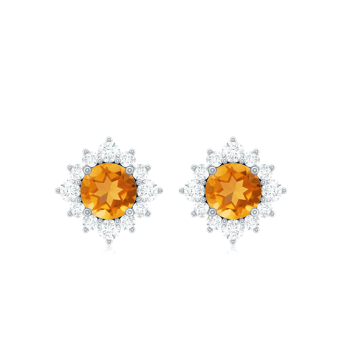 Rosec Jewels 1 CT classic citrine stud earrings with diamond halo, showcasing sparkling yellow citrine and elegant surrounding diamonds.