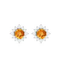Rosec Jewels 1 CT classic citrine stud earrings with diamond halo, showcasing sparkling yellow citrine and elegant surrounding diamonds.