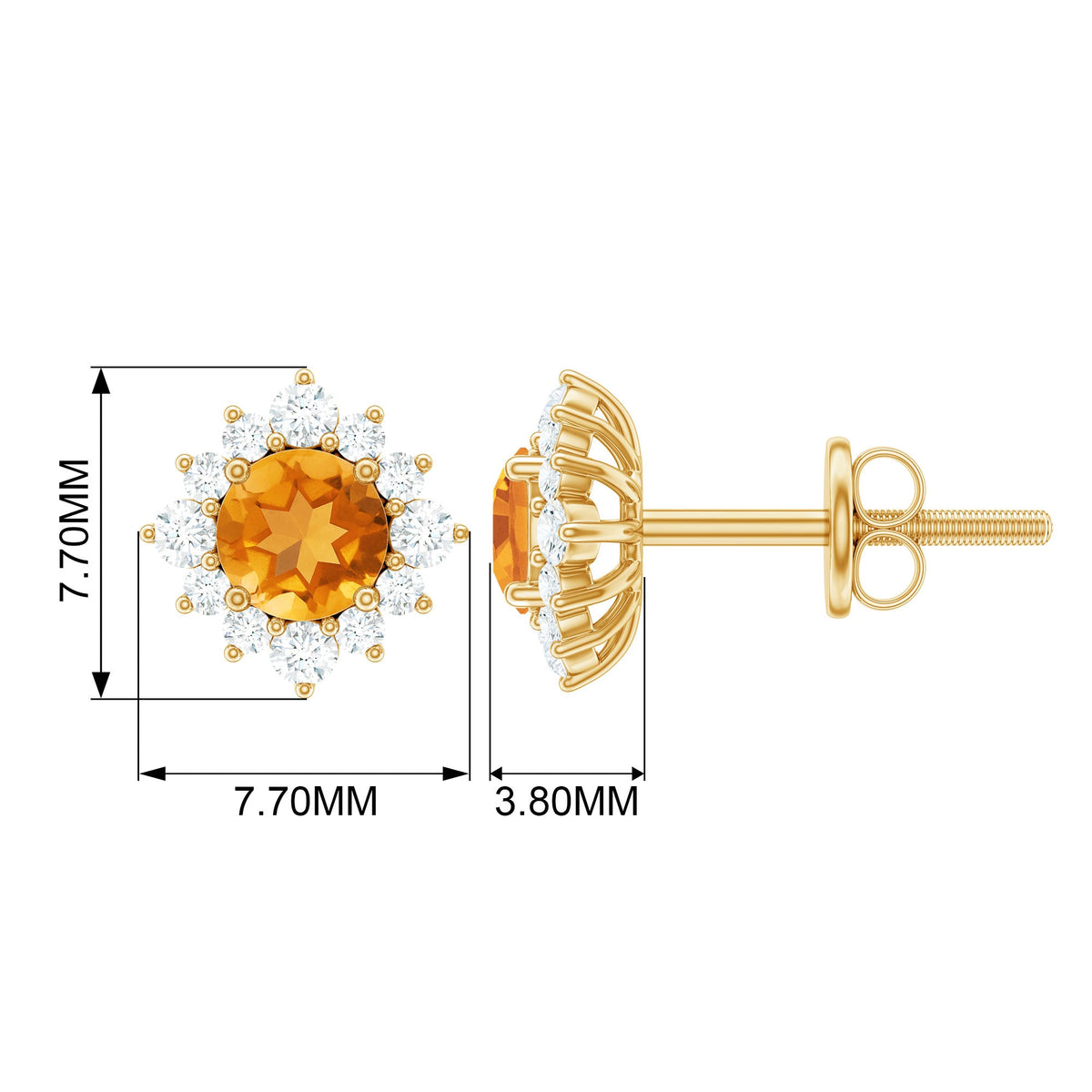 Rosec Jewels 1 CT classic citrine stud earrings with diamond halo, showcasing sparkling yellow gemstones and elegant design