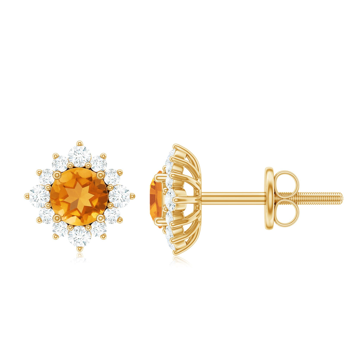 Rosec Jewels 1 CT classic citrine stud earrings with diamond halo, showcasing sparkling gemstones and elegant design.