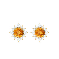 Rosec Jewels 1 CT classic citrine stud earrings with diamond halo, showcasing sparkling yellow citrine stones and a delicate diamond surround.