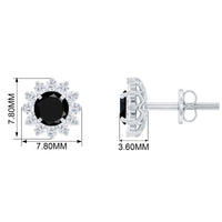 Round Created Black Diamond and Diamond Flower Halo Stud Earrings