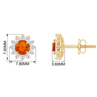 Round Fire Opal and Diamond Flower Halo Stud Earrings