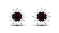 Natural Garnet and Diamond Flower Halo Stud Earrings