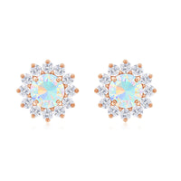 Real Ethiopian Opal Flower Stud Earrings with Diamond Halo