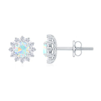 Real Ethiopian Opal Flower Stud Earrings with Diamond Halo
