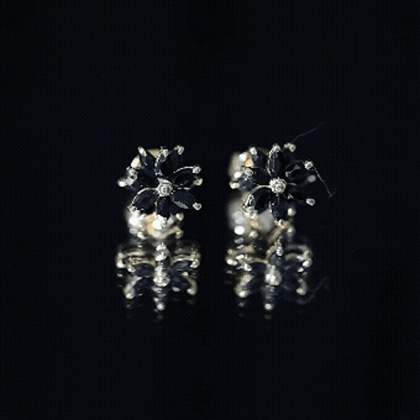 Marquise shape black onyx floral statement stud earrings by Rosec Jewels, showcasing elegant black gemstone floral design.
