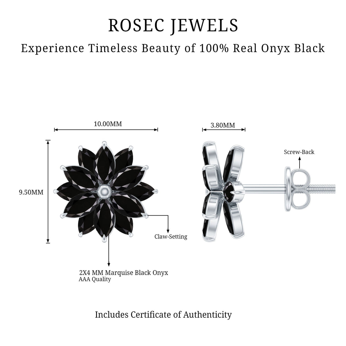 Marquise shape black onyx floral statement stud earrings by Rosec Jewels featuring polished black onyx stones and intricate floral design.