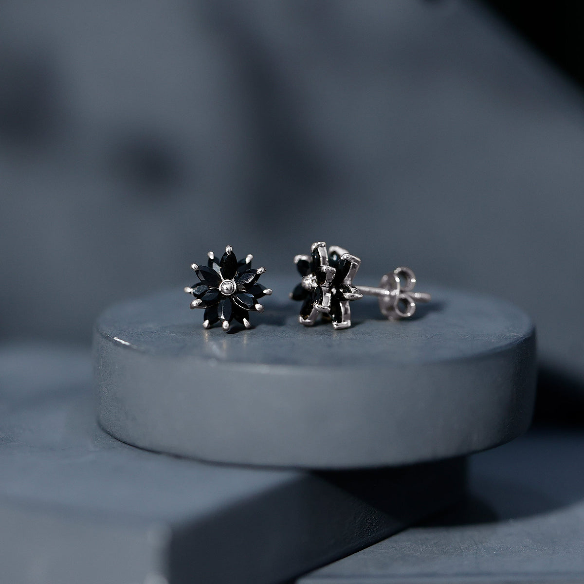 Marquise shape black onyx floral statement stud earrings by Rosec Jewels featuring elegant black gemstone design