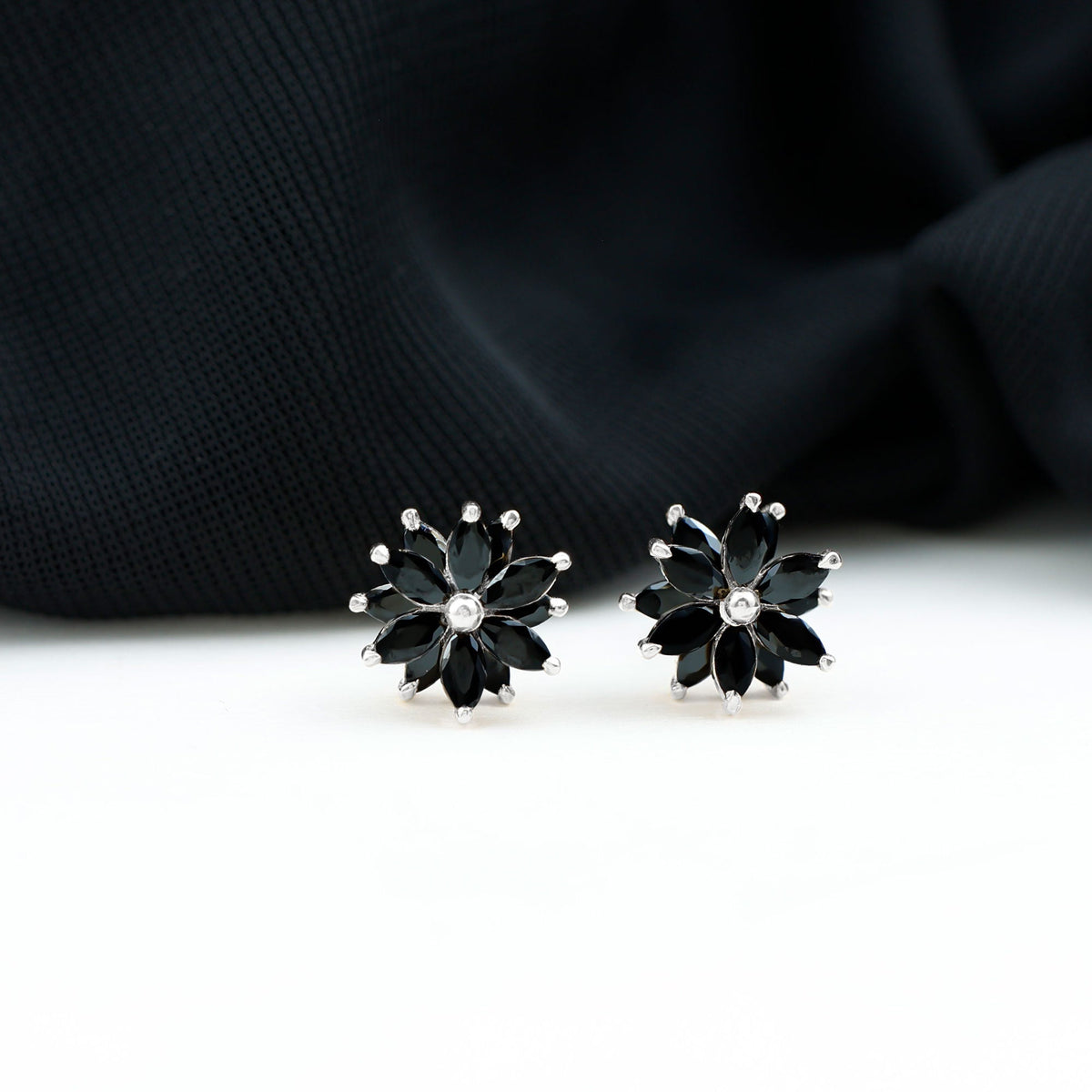 Marquise shape black onyx floral statement stud earrings by Rosec Jewels featuring elegant black gemstone details.