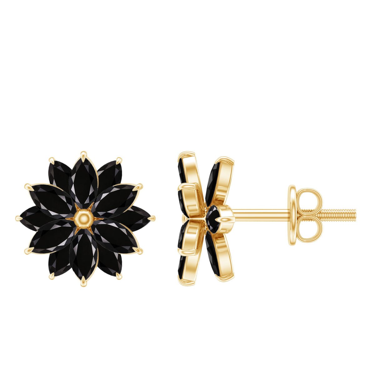 Marquise shape black onyx floral statement stud earrings by Rosec Jewels featuring elegant black onyx stones and floral design.