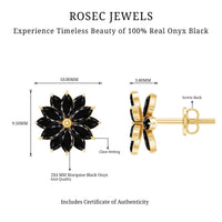 Marquise shape black onyx floral statement stud earrings by Rosec Jewels featuring elegant design and intricate detailing.