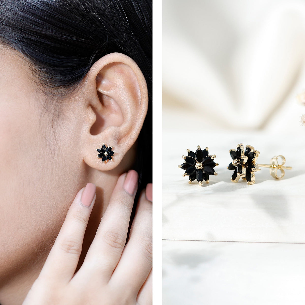 Marquise shape black onyx floral statement stud earrings by Rosec Jewels featuring intricate design and polished black gemstone accents.