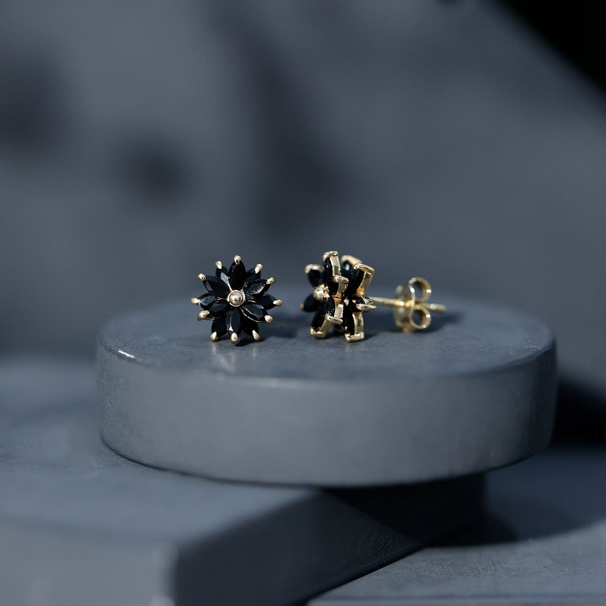 Marquise shape black onyx floral statement stud earrings by Rosec Jewels, showcasing elegant black gemstone designs.