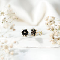 Marquise-shaped black onyx floral statement stud earrings by Rosec Jewels featuring elegant gemstone design.