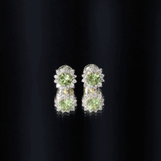 Yellow gold 1 carat peridot stud earrings with diamond halo, featuring a sparkling gemstone and elegant design from Rosec Jewels