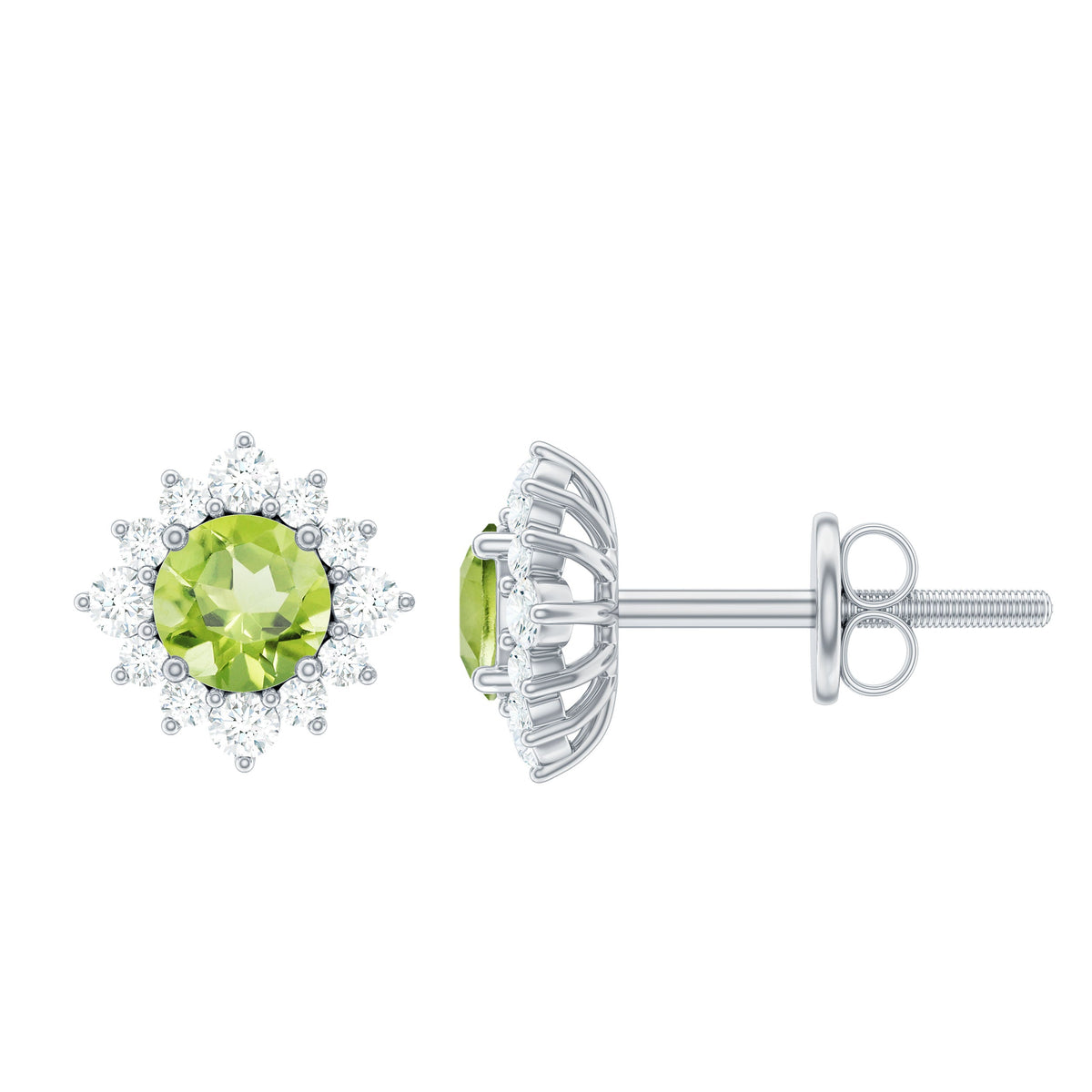 Rosec Jewels 1 Carat Peridot stud earrings with diamond halo, showcasing vibrant green peridot gemstones with sparkling diamond accents.
