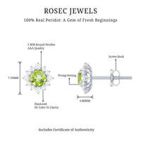 1 Carat Peridot stud earrings with diamond halo set in silver, featuring vibrant green peridot gemstones and sparkling diamond accents.