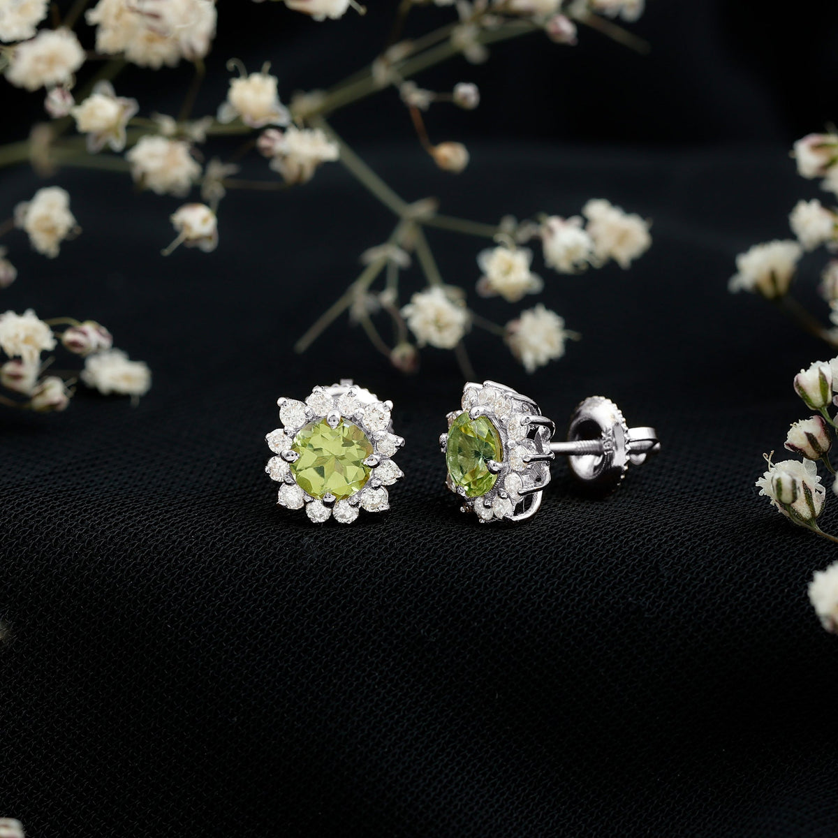 Rosec Jewels 1 Carat Peridot stud earrings with diamond halo, showcasing vibrant green peridot gemstones and sparkling diamond accents.