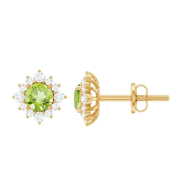 Rosec Jewels 1 Carat Peridot stud earrings with diamond halo, showcasing vibrant green peridot stones and sparkling diamond accents.