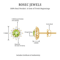 Rosec Jewels 1 Carat Peridot stud earrings with diamond halo, featuring vibrant green gemstones and sparkling diamond accents.