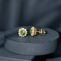Rosec Jewels 1 Carat Peridot stud earrings with diamond halo, featuring vibrant green peridot gemstones and sparkling diamond accents.