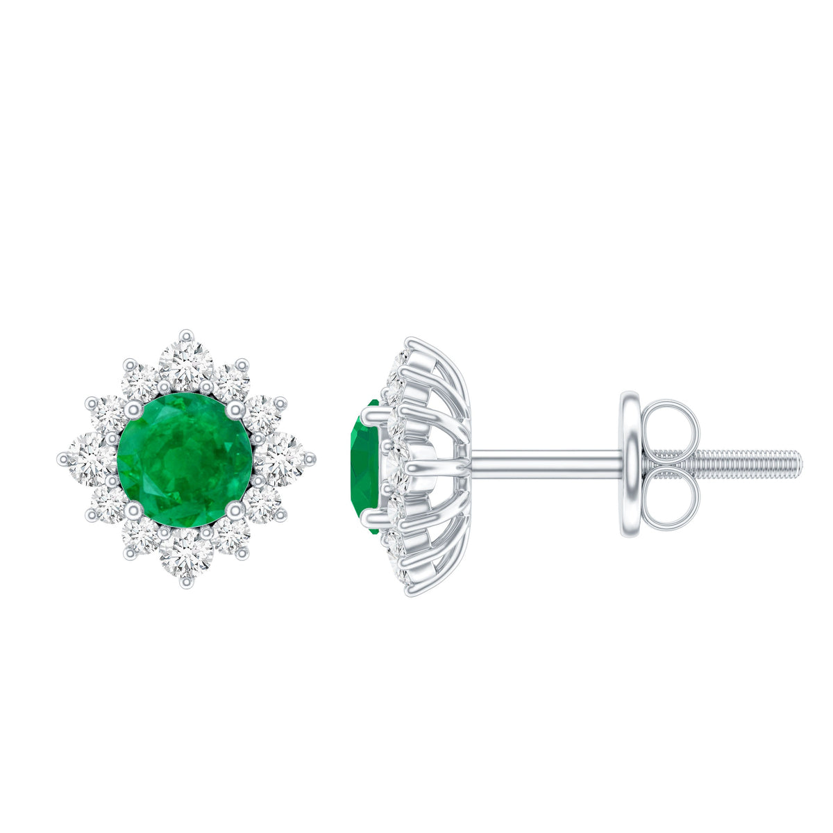 Real emerald stud earrings with diamond halo, featuring sparkling green emeralds and shimmering diamonds in elegant jewelry design.