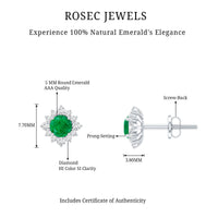 Real emerald stud earrings with diamond halo from Rosec Jewels, showcasing sparkling emeralds and a surrounding diamond halo.