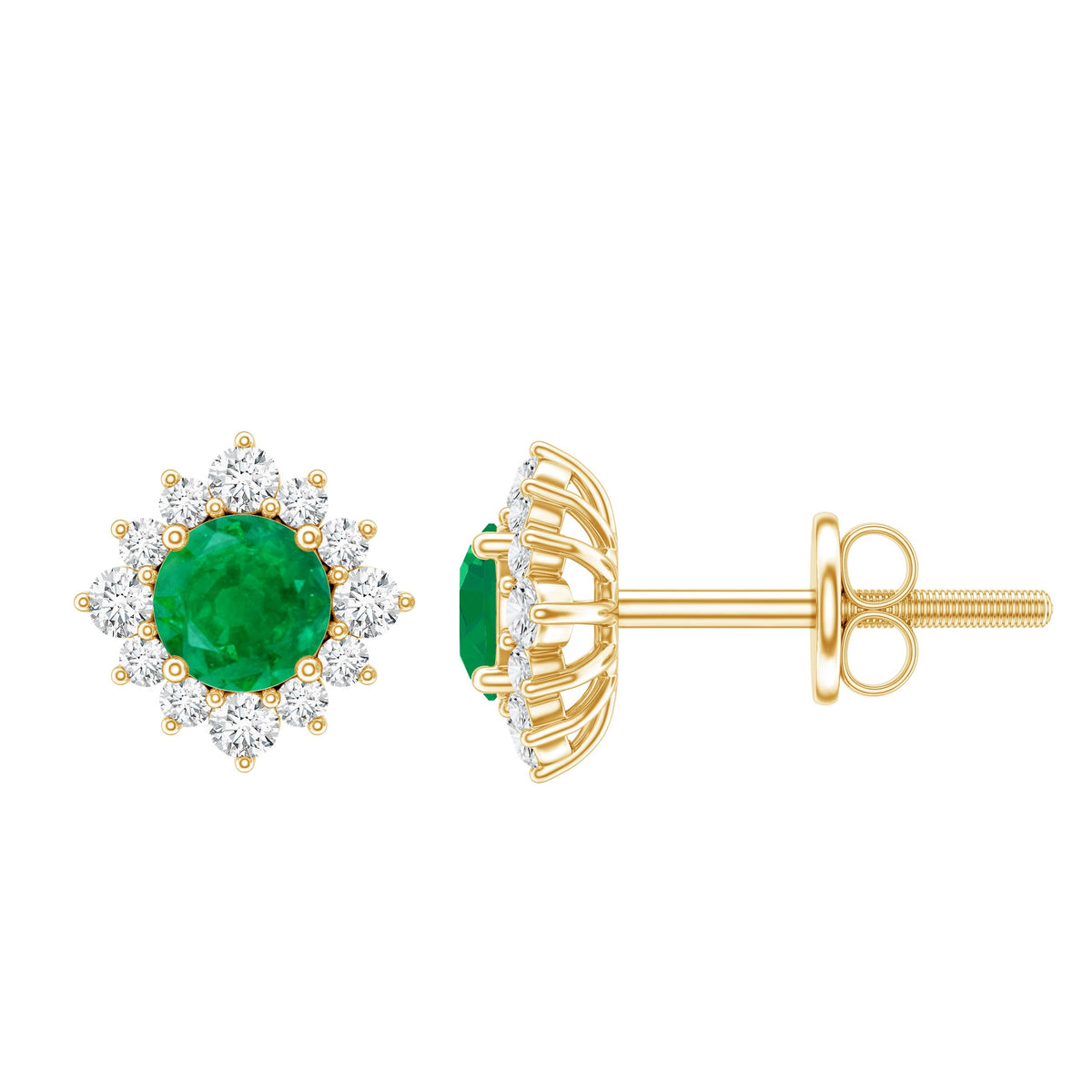 Real emerald stud earrings with diamond halo from Rosec Jewels, featuring vibrant green emeralds and sparkling diamond accents.