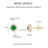 Real emerald stud earrings with diamond halo from Rosec Jewels, featuring vibrant green emeralds and sparkling diamonds.