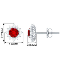 Rosec Jewels 1.25 CT created ruby stud earrings with diamond halo, showcasing elegant gemstone and sparkling accents.