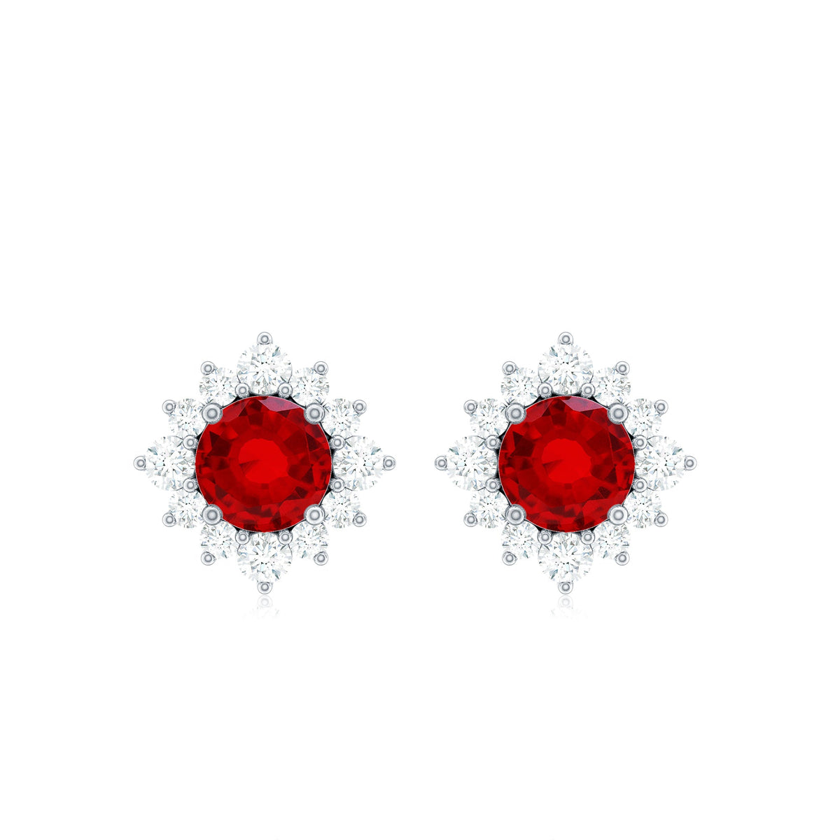 Created ruby stud earrings with diamond halo, 1.25 carats, in classic design by Rosec Jewels.